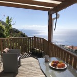 Holz-Terrasse mit Sessel und Tisch mit frischem Obst